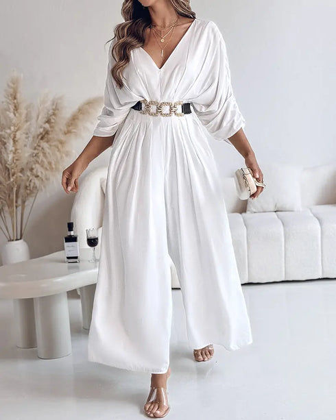 Deep V-Neck Ruched Three Quarters Sleeve Backless Overalls Casual Waist-Gathered Tied Detail Jumpsuit without Belt white