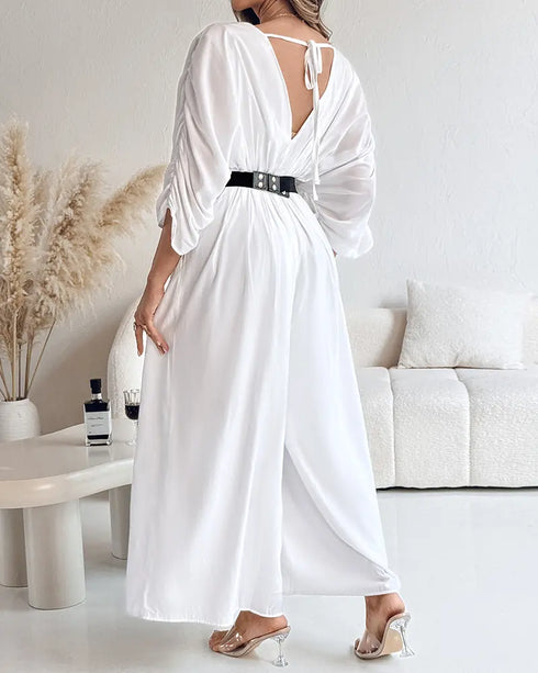 Deep V-Neck Ruched Three Quarters Sleeve Backless Overalls Casual Waist-Gathered Tied Detail Jumpsuit without Belt white