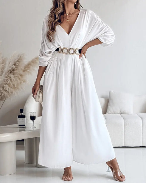 Deep V-Neck Ruched Three Quarters Sleeve Backless Overalls Casual Waist-Gathered Tied Detail Jumpsuit without Belt white