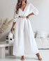 Deep V-Neck Ruched Three Quarters Sleeve Backless Overalls Casual Waist-Gathered Tied Detail Jumpsuit without Belt white