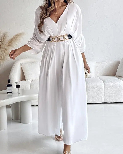 Deep V-Neck Ruched Three Quarters Sleeve Backless Overalls Casual Waist-Gathered Tied Detail Jumpsuit without Belt white