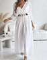 Deep V-Neck Ruched Three Quarters Sleeve Backless Overalls Casual Waist-Gathered Tied Detail Jumpsuit without Belt white