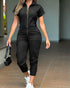 Turn-down Collar Short Sleeve Zipper Front Cuffed Short Jumpsuit Casual Pocket Design Cargo Romper with Belt black