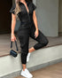 Turn-down Collar Short Sleeve Zipper Front Cuffed Short Jumpsuit Casual Pocket Design Cargo Romper with Belt black