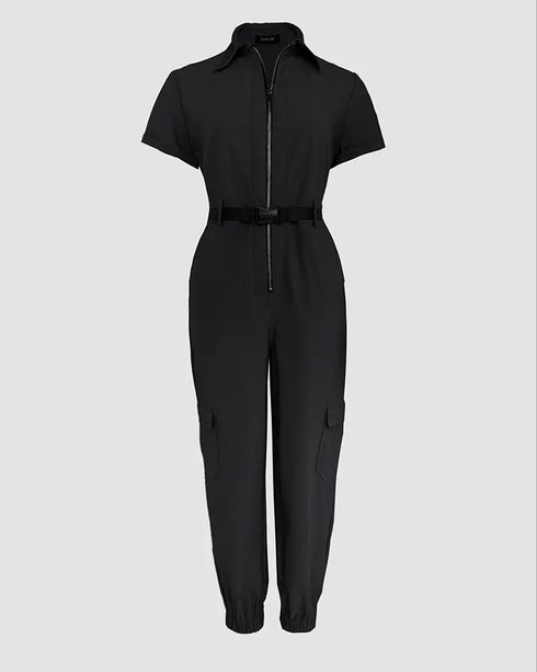 Turn-down Collar Short Sleeve Zipper Front Cuffed Short Jumpsuit Casual Pocket Design Cargo Romper with Belt black