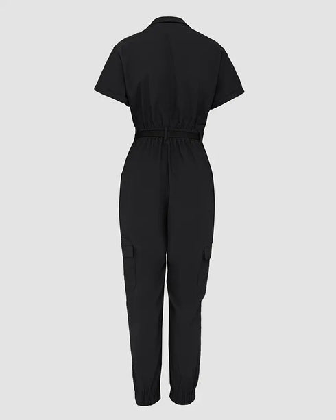 Turn-down Collar Short Sleeve Zipper Front Cuffed Short Jumpsuit Casual Pocket Design Cargo Romper with Belt black