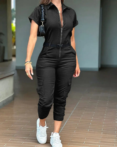 Turn-down Collar Short Sleeve Zipper Front Cuffed Short Jumpsuit Casual Pocket Design Cargo Romper with Belt black