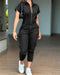 Turn-down Collar Short Sleeve Zipper Front Cuffed Short Jumpsuit Casual Pocket Design Cargo Romper with Belt black