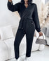 Turn-down Collar Overlap V-Neck Drawstring Stretchy Waist Jumpsuit Casual Flap Pockets Design Jumpsuit black
