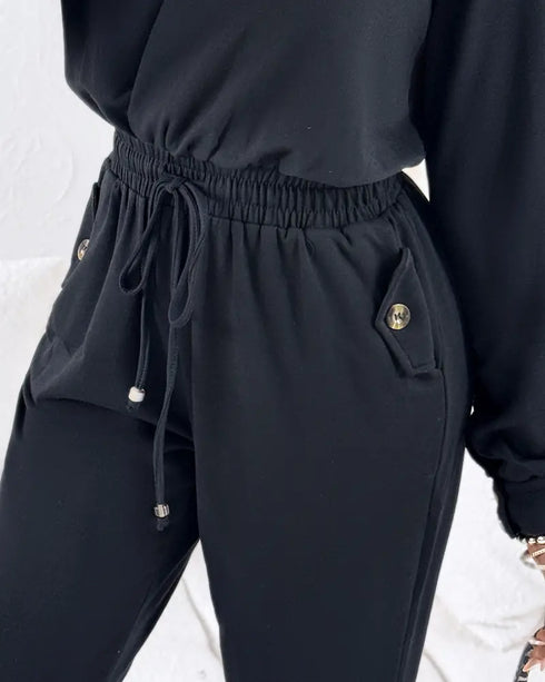Turn-down Collar Overlap V-Neck Drawstring Stretchy Waist Jumpsuit Casual Flap Pockets Design Jumpsuit black