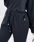 Turn-down Collar Overlap V-Neck Drawstring Stretchy Waist Jumpsuit Casual Flap Pockets Design Jumpsuit black
