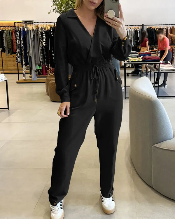 Turn-down Collar Overlap V-Neck Drawstring Stretchy Waist Jumpsuit Casual Flap Pockets Design Jumpsuit black