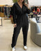 Turn-down Collar Overlap V-Neck Drawstring Stretchy Waist Jumpsuit Casual Flap Pockets Design Jumpsuit black