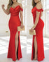 Off Shoulder Sleeveless Casual Cinch Ruffles Slit Buckle Dec Mid-Calf Dress red