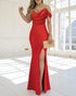 Cold Shoulder Pearls Strap Cowl Neck Evening Bodycon Dress Elegant High Slit Fishtail Maxi Dress red