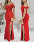 Glitter Off Shoulder Ruffles Slit Dress red