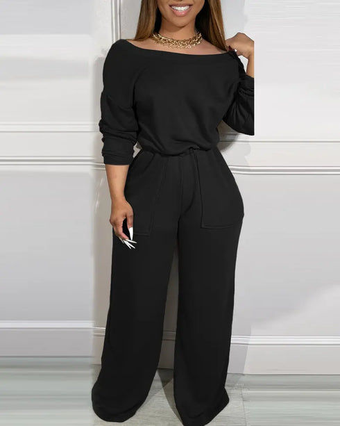 Drop Shoulder Long Sleeve Contrast Lace Backless Overalls Casual Elastic Waist Wide Leg Jumpsuit black