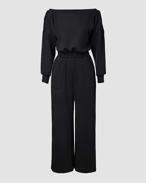 Off Shoulder V-Back Elastic Waist Pockets Design Jumpsuit Casual Drop Shoulder Cinched Waist Wide Leg Jumpsuit black