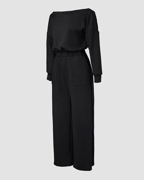 Off Shoulder V-Back Elastic Waist Pockets Design Jumpsuit Casual Drop Shoulder Cinched Waist Wide Leg Jumpsuit black