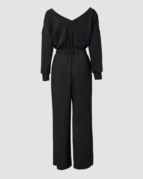 Drop Shoulder Long Sleeve Contrast Lace Backless Overalls Casual Elastic Waist Wide Leg Jumpsuit black