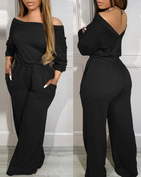Off Shoulder V-Back Elastic Waist Pockets Design Jumpsuit Casual Drop Shoulder Cinched Waist Wide Leg Jumpsuit black