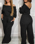 Drop Shoulder Long Sleeve Contrast Lace Backless Overalls Casual Elastic Waist Wide Leg Jumpsuit black
