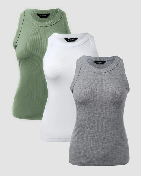 3-Pack Knit Round Neck Thick Strap Racerback Tank Tops(Without Pads) style9
