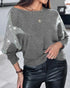 Pullover Knit Sweaters Crewneck Batwing Sleeve Rhinestone Star Pattern Top gray