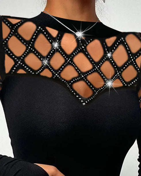 Mock Neck Long Sleeve Rhinestone Decor Top black