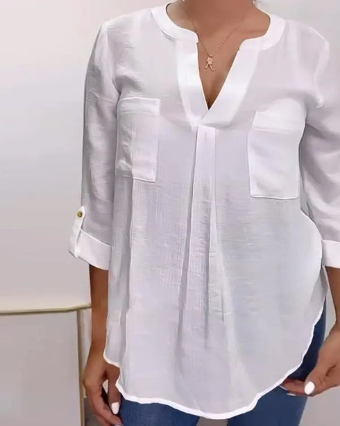 V-Neck Roll Up Sleeve Back Button Blouse Casual Top with Pocket white