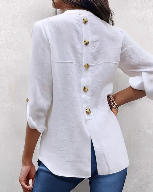 V-Neck Roll Up Sleeve Back Button Blouse Casual Top with Pocket white