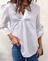 V-Neck Roll Up Sleeve Back Button Blouse Casual Top with Pocket white