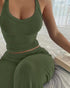 2 Pieces Outfit U-Neck Spaghetti Strap Cami Top and Elastic Waist Wide Leg Pants Set Casual Ribbed Set Army green