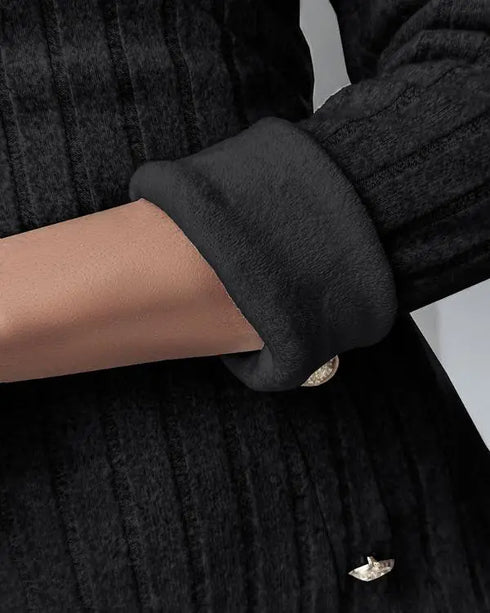 Polo V-Neck Long Sleeve Fleece Lined Bodycon Dress Slit Button Decor Ribbed Mini Dress black