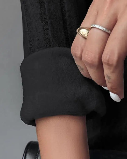 Polo V-Neck Long Sleeve Fleece Lined Bodycon Dress Slit Button Decor Ribbed Mini Dress black