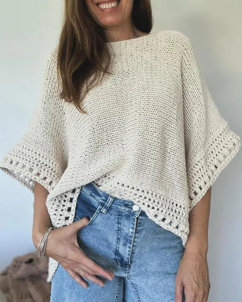 Solid Batwing Sleeve Hollow-out Crochet Pattern Top Casual Cover Up Apricot