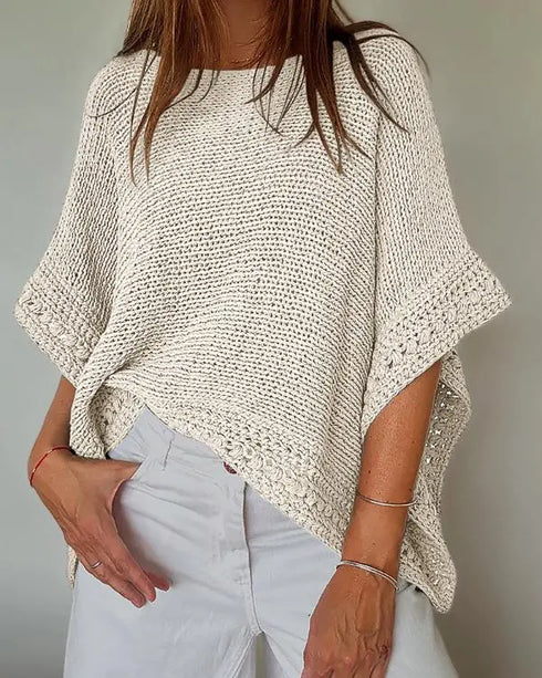Solid Batwing Sleeve Hollow-out Crochet Pattern Top Casual Cover Up Apricot