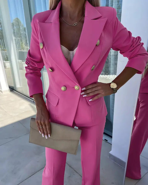 2 Pieces Outfit Notched Collar Double-Breasted Flap Detail Coat and Zipper Fly Elastic Back Waist Slim Fit Flared Pants Set Casual Blazer Set hot pink