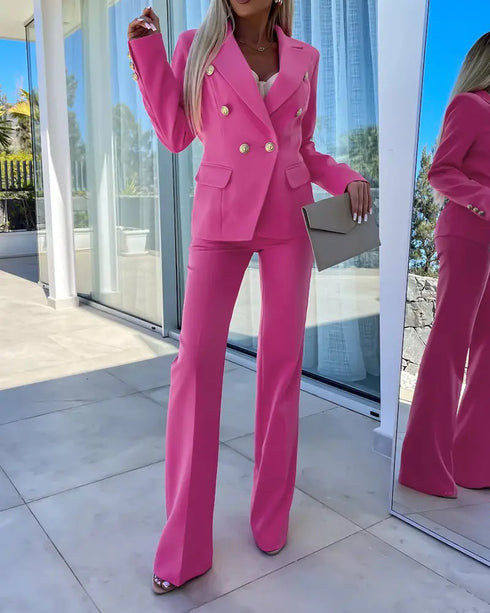 2 Pieces Outfit Notched Collar Double-Breasted Flap Detail Coat and Zipper Fly Elastic Back Waist Slim Fit Flared Pants Set Casual Blazer Set hot pink
