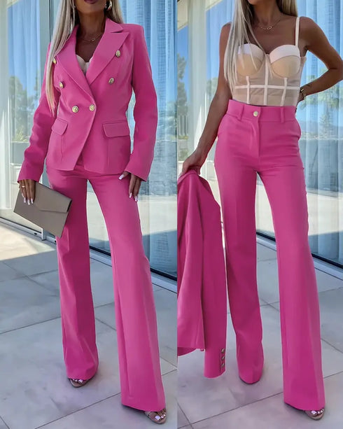 2 Pieces Outfit Metal Ring Decor Notched Collar Cinched Waist Wrap Front Coat and Zipper Fly Elastic Back Waist Pants Set Casual Blazer Set hot pink