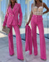 2 Pieces Outfit Metal Ring Decor Notched Collar Cinched Waist Wrap Front Coat and Zipper Fly Elastic Back Waist Pants Set Casual Blazer Set hot pink