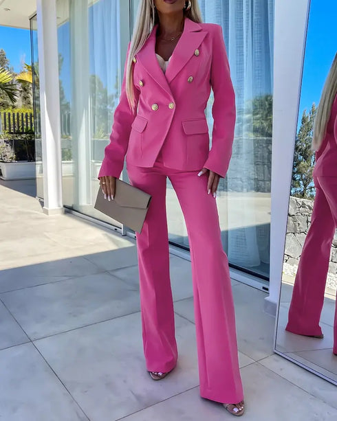 2 Pieces Outfit Notched Collar Double-Breasted Flap Detail Coat and Zipper Fly Elastic Back Waist Slim Fit Flared Pants Set Casual Blazer Set hot pink