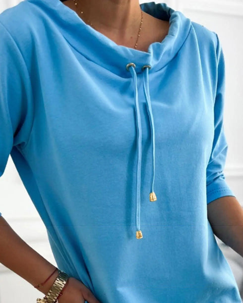 Stand Collar Sequin Long Sleeve Drawstring Casual Mini Straight Dress blue