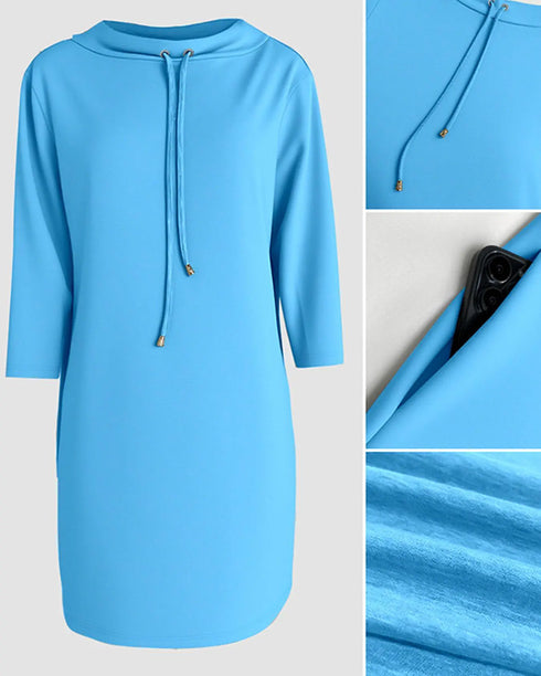 Stand Collar Sequin Long Sleeve Drawstring Casual Mini Straight Dress blue