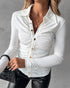 Long Sleeve Button Down Shirt Collar Neck Ruched Fitted Top white