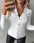 Long Sleeve Button Down Shirt Collar Neck Ruched Fitted Top white
