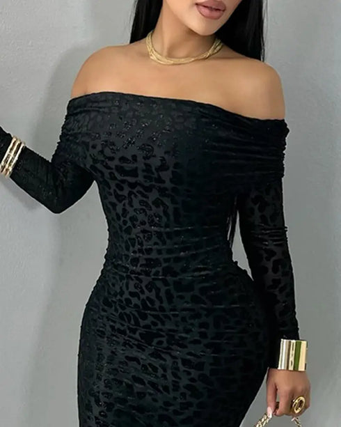 Leopard Print Off the Shoulder Long Sleeve Bodycon Dress Casual Slim Fit Flocking Party Midi Dress black