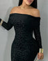 Leopard Print Off the Shoulder Long Sleeve Bodycon Dress Casual Slim Fit Flocking Party Midi Dress black