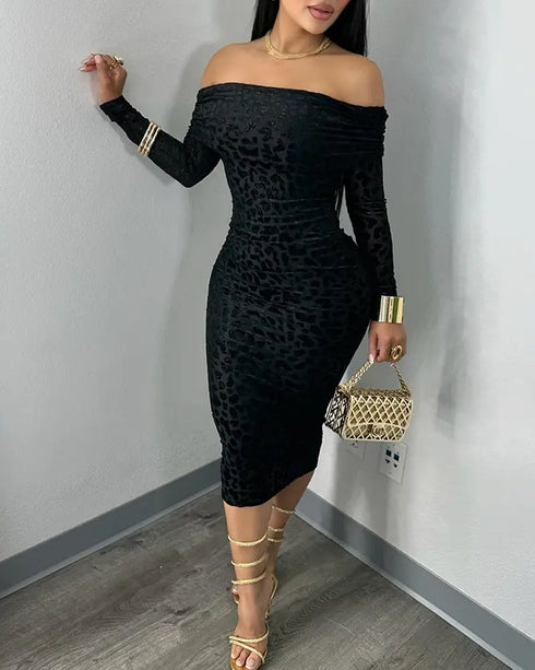 Leopard Print Off the Shoulder Long Sleeve Bodycon Dress Casual Slim Fit Flocking Party Midi Dress black