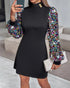 Mock Neck Shining Sequins Contrast Long Sleeve Dress black